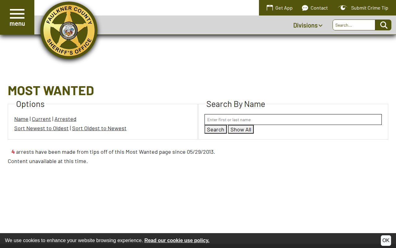 Faulkner County most wanted official interface availability screen