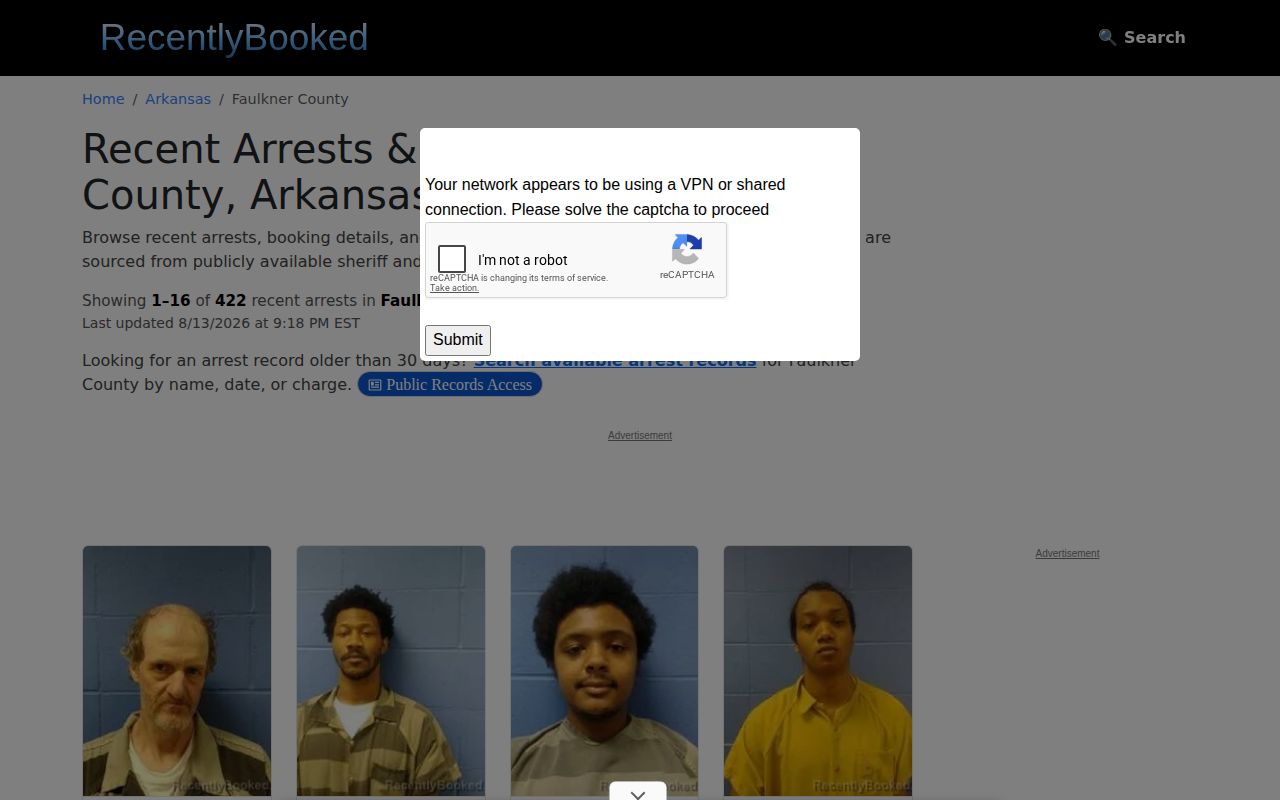 Unofficial Recently Booked Faulkner County mugshot news interface